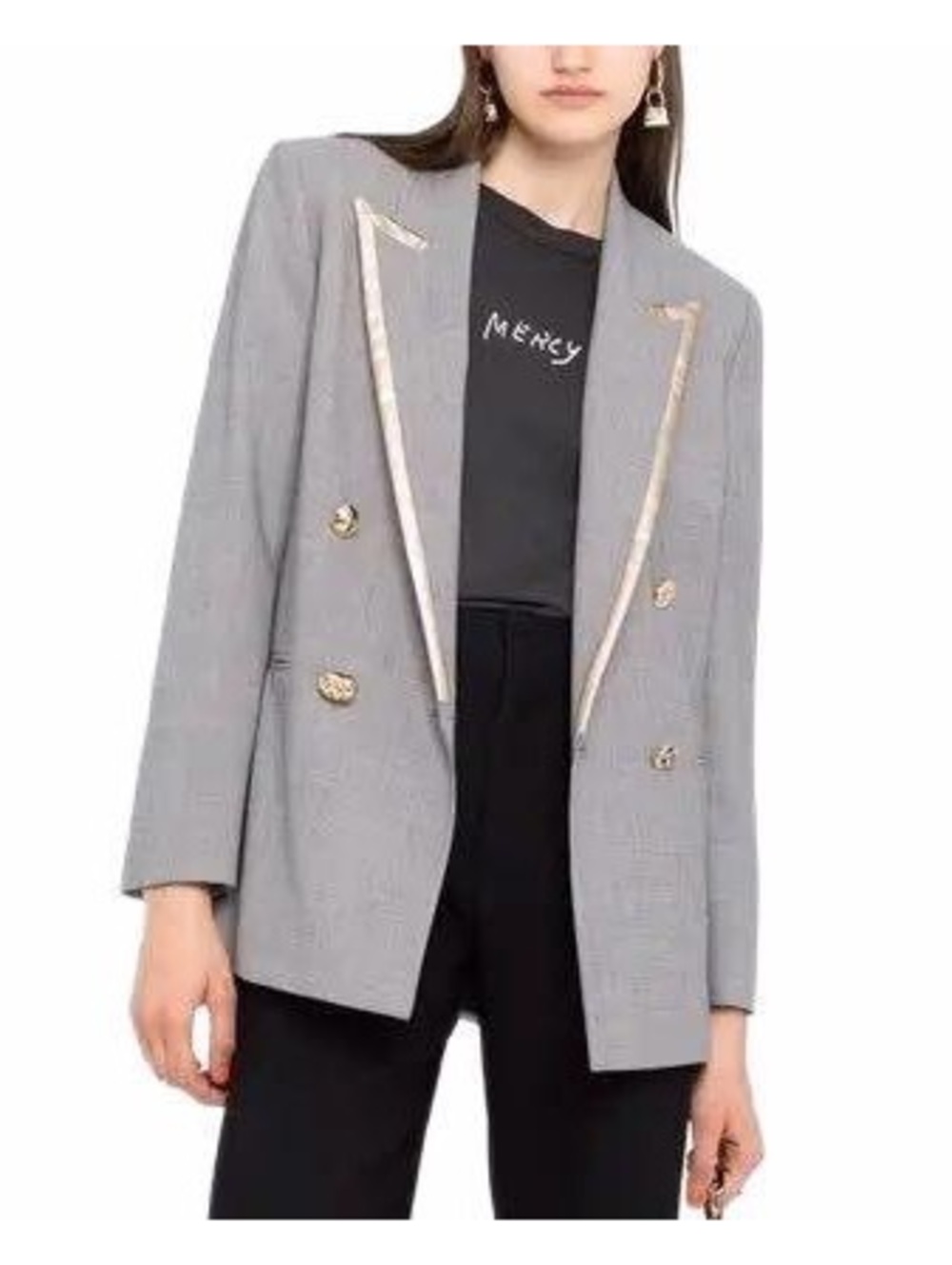 Pinko Rachel Double Breasted Blazer Gray Micro Houndstooth Gold Trim US 6 NWT